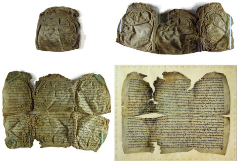 Gefaltete und geschrumpfte Pergamenturkunde in mehreren Stadien: teilweise aufgefaltet, vollständig geöffnet und plangelegt.